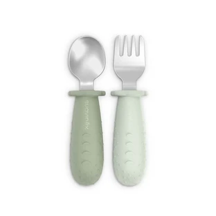 Set Suavinex Selection de tacâmuri evolutive pentru diversificare, din oțel, cu mâner din silicon, pentru copii de 6 luni și peste – culoare verde