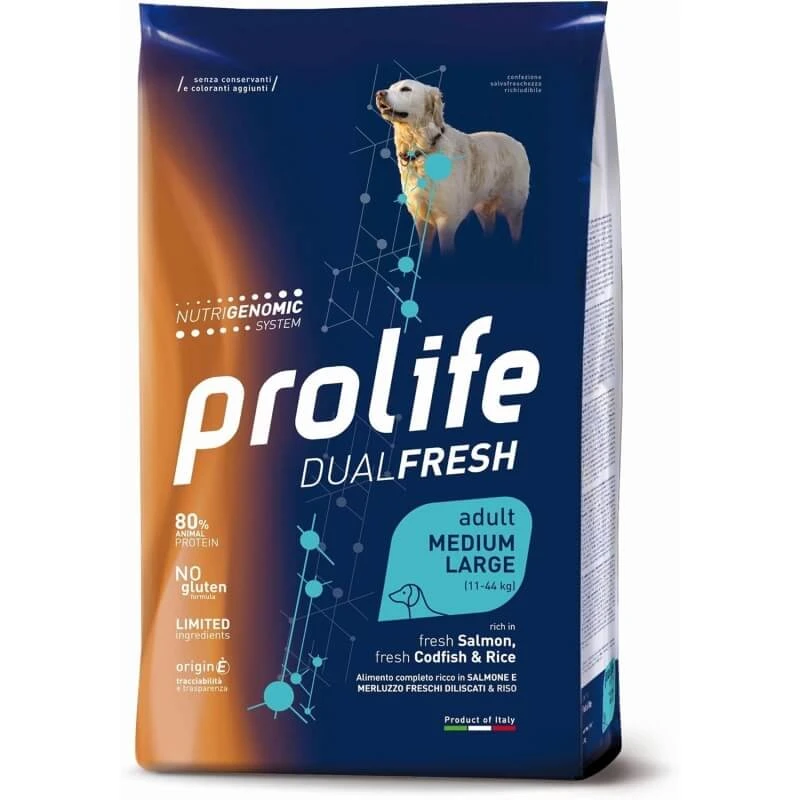 Prolife Dualfresh Adult Medium-Large Lachs, Kabeljau & Reis – Alleinfuttermittel für mittelgroße bis große erwachsene Hunde, 12 kg