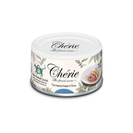 Cherie Hairball ton și biban de mare – hrană completă pentru pisici cu probleme legate de aglomerările de păr, 80 g