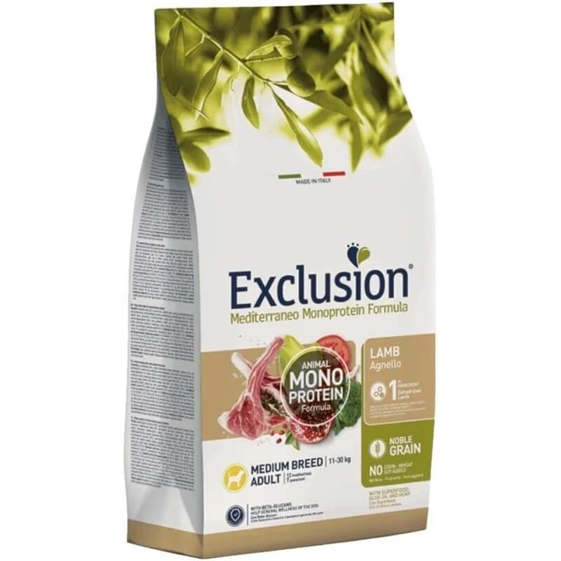 Exclusion Mediterraneo Momoprotein-Futter für ausgewachsene Hunde mittlerer Rassen (Lamm) – Alleinfuttermittel, 12 kg