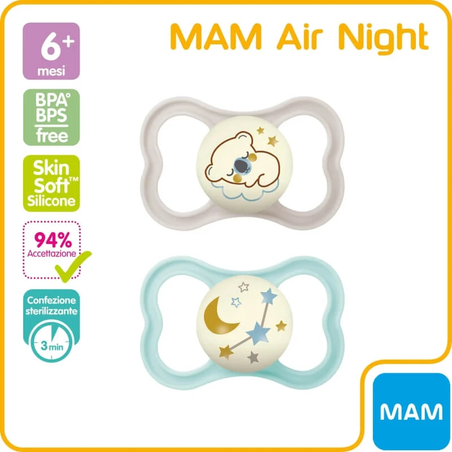 Mam Air night – 2 suzete din silicon, 6 luni+, culoare neutră