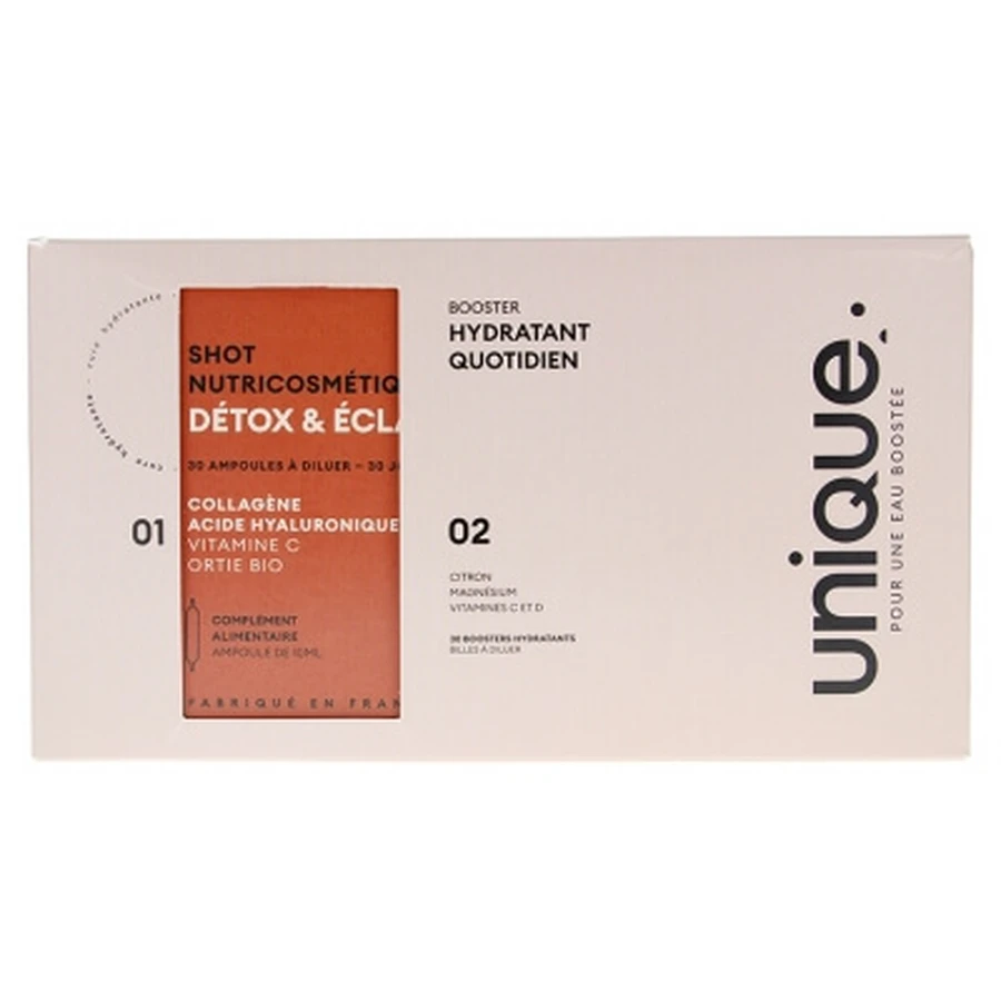 Unique Shots Detox & Strălucire 30 de boostere + Boostere hidratante 30 de fiole