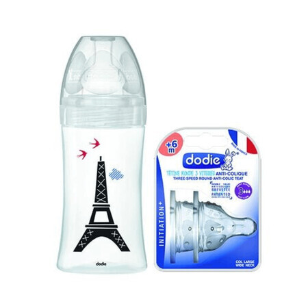 Verpackung Glasflasche mit sensorischer Funktion und antikolikischem Flachsauger Debit 2 + 2 Sauger Paris, 0 - 6 Monate, 270 ml, Dodie
