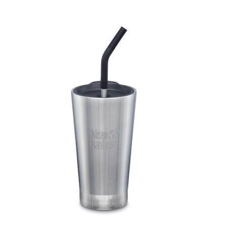 Pahar termo cu capac si pai, 473 ml, Brushed Stainless, Klean Kanteen