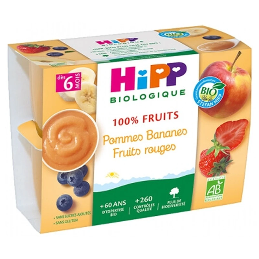 HiPP 100% Fruit: Apples, Bananas, and Berries—For Babies 6 Months and Up—Organic—4 Jars