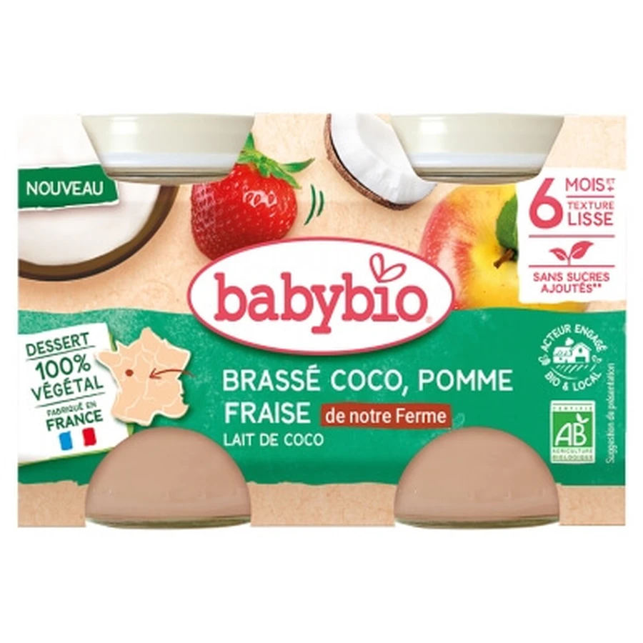 Babybio Amestec de cocos, mere și căpșuni cu lapte de cocos, de la 6 luni în sus, ecologic, 2 borcane de 130 g