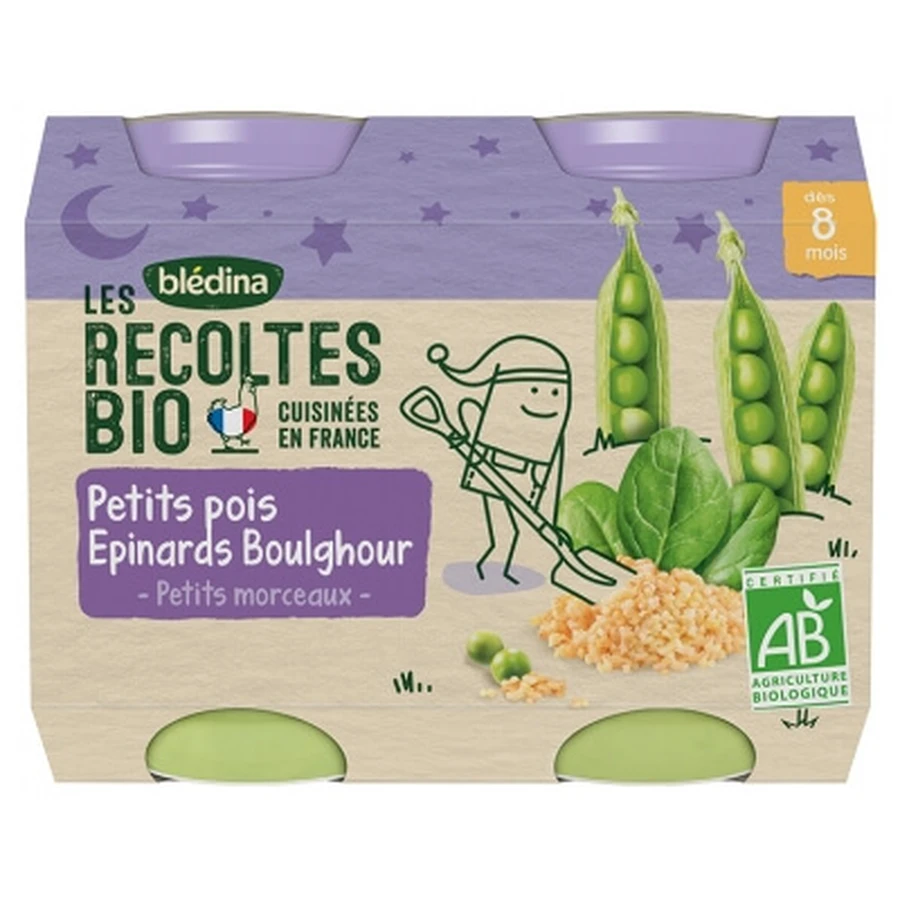 Blédina Les Récoltes Bio: Peas, Spinach, and Bulgur—Organic—For Babies 8 Months and Up—2 Jars