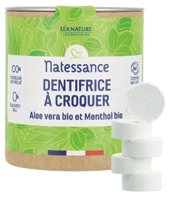 Natessance Kautabletten-Zahnpasta mit Bio-Aloe Vera und Bio-Menthol, 80 Tabletten
