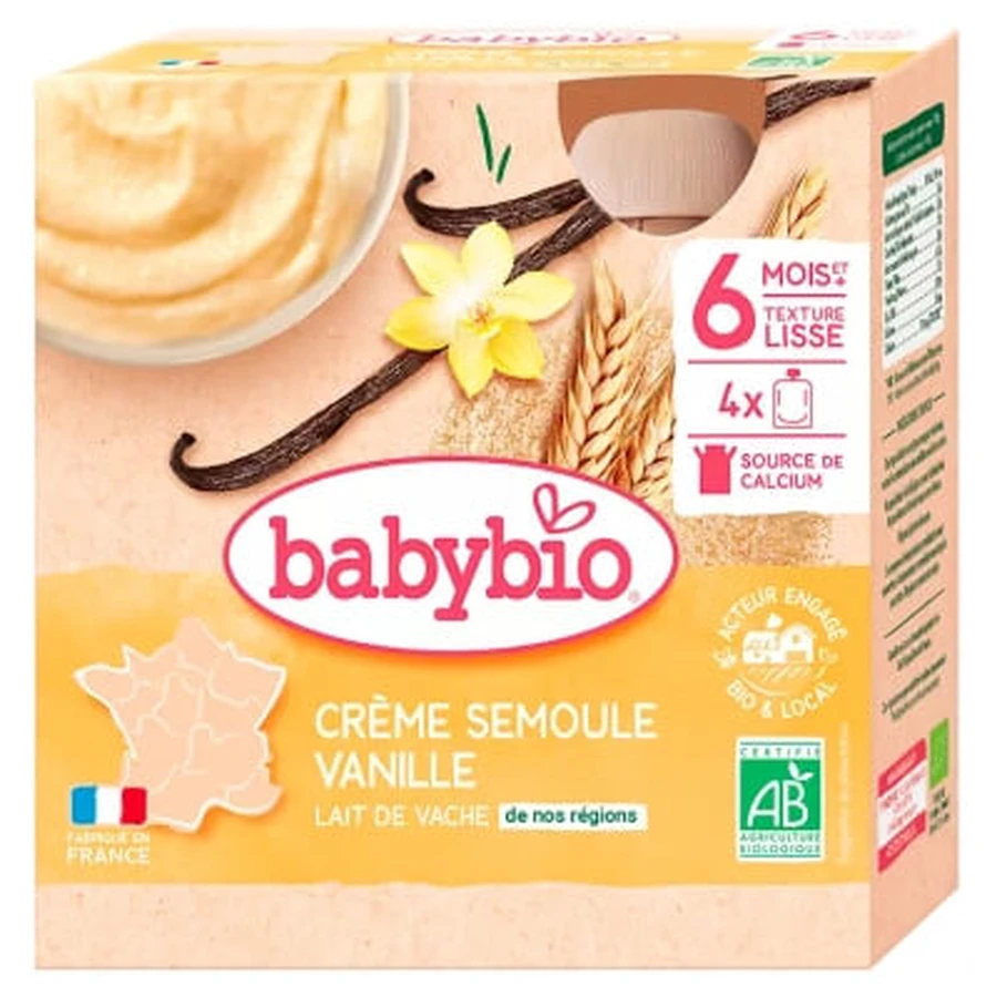 Babybio Cremă de griș cu vanilie, de la 6 luni în sus, ecologică, 4 pachete de câte 85 g