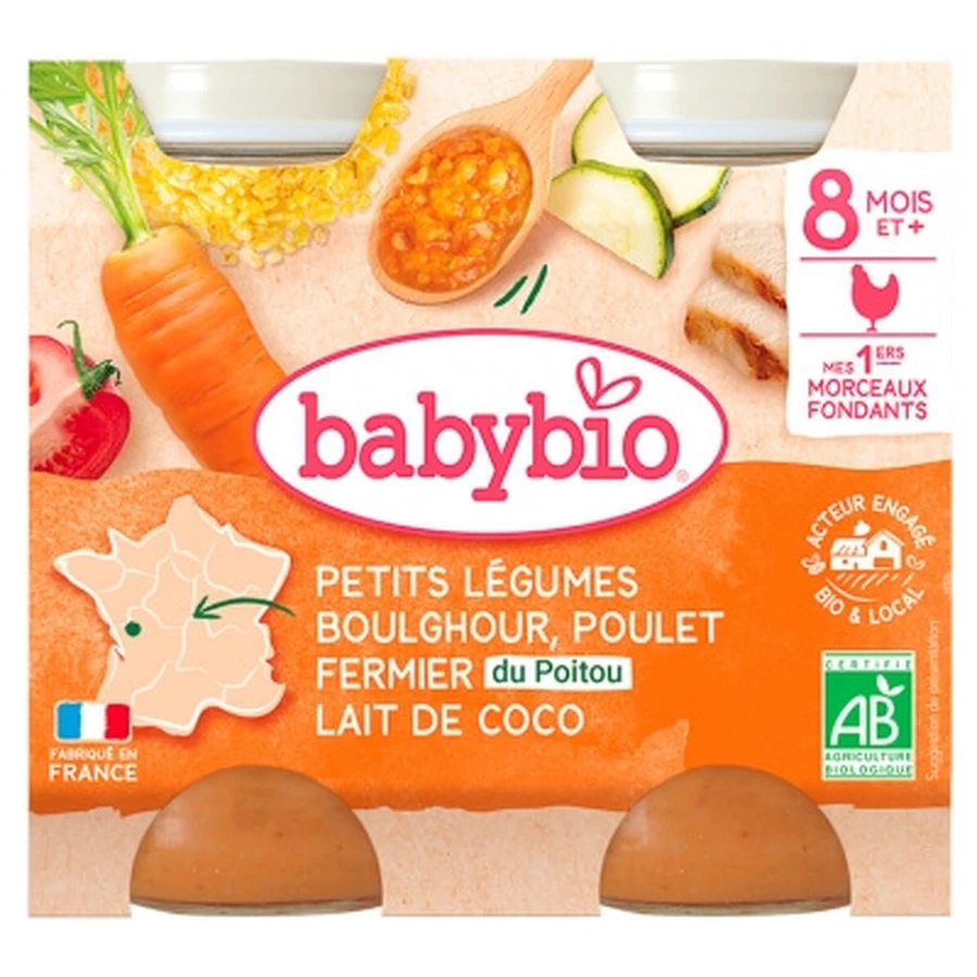 Babybio Legume pentru bebeluși, bulgur, pui de fermă, lapte de cocos, de la 8 luni în sus, ecologic, 2 borcane de 200 g