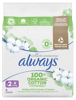 Always Cotton Protection 9 Damenbinden, Größe 2, lang