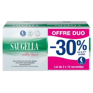 Saugella Cotton Touch Nighttime, confezione da 2 x 12 assorbenti extra-sottili con ali