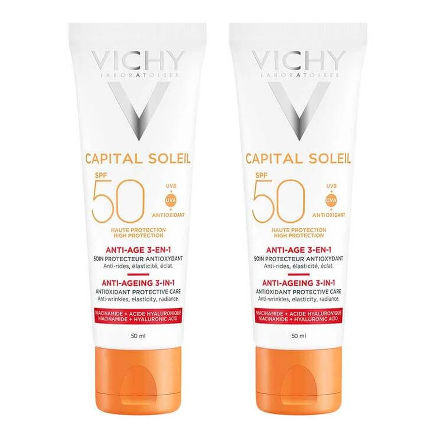 Vichy Ideal Soleil Cremă anti-îmbătrânire SPF 50, 2 x 50 ml cremă