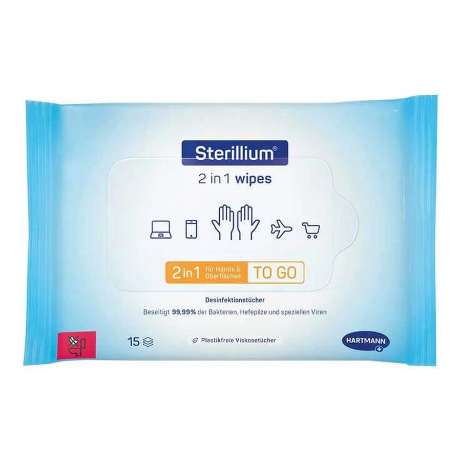 Toallitas Sterillium 2 en 1 para la desinfección de manos y superficies, 15 toallitas