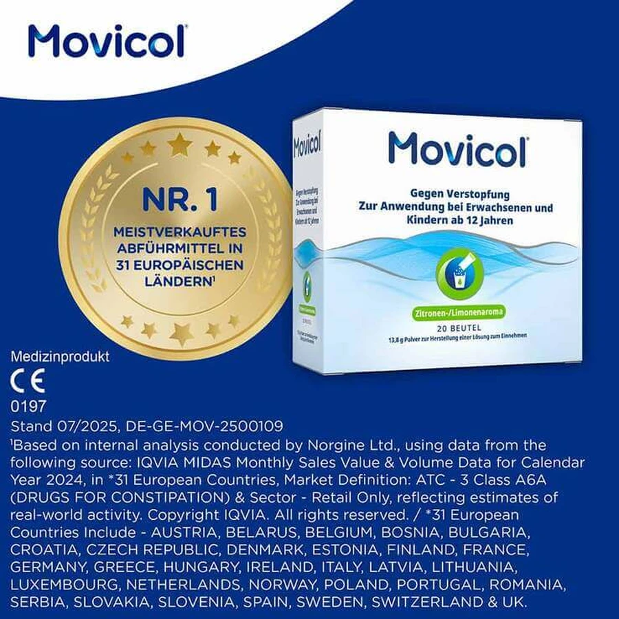 MOVICOL® en sobres de polvo: alivio rápido para el estreñimiento, 20 sobres de polvo para preparar una solución oral