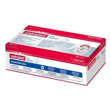 Leukoplast® skin sensitive 2,5 cm x 2,6 m fără inel de protecție, 12 plasturi