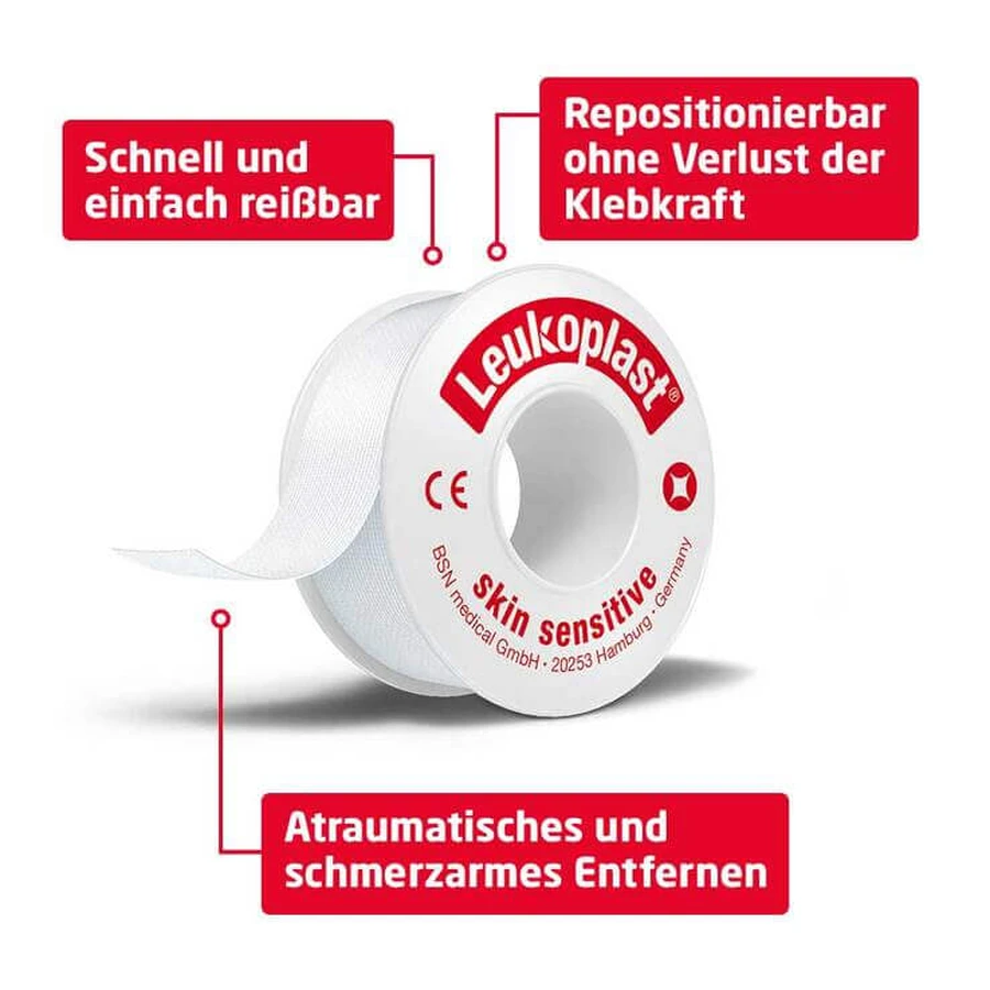 Leukoplast® skin sensitive 2,5 cm x 2,6 m fără inel de protecție, 12 plasturi