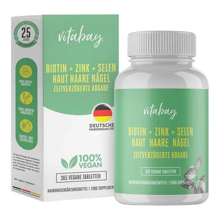 Biotin + Zink + Selen Haut + Haare + Nägel vegan Tabletten, 365 St Tabletten