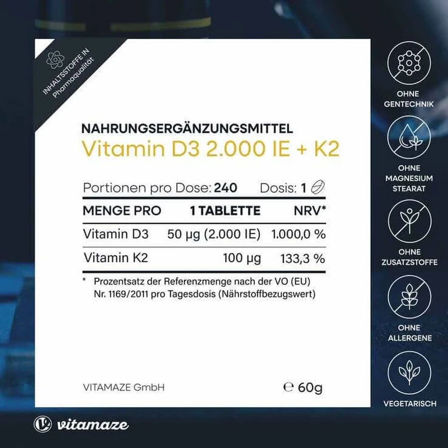 Vitamine D3 K2 2000 IE / 100 µg, extra krachtige tabletten, 240 tabletten