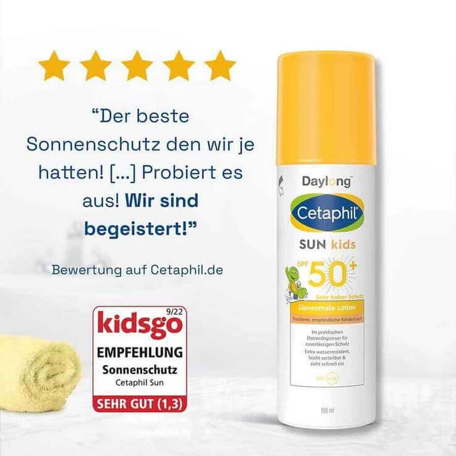 Cetaphil Sun Kids loțiune liposomală cu protecție solară SPF 50+, 2 x 150 ml loțiune