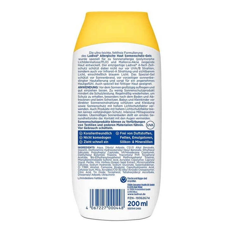 Gel de protección solar Ladival para piel sensible SPF 30, 2 x 200 ml de gel