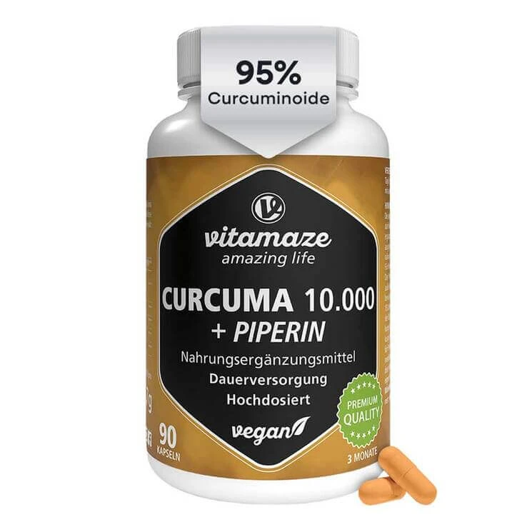 Curcuma 10.000 + Piperin hochdosiert vegan Kapseln, 90 St Kapseln