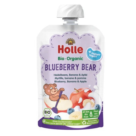 Bio-Püree aus Heidelbeeren, Bananen und Äpfeln mit Joghurt, „Heidelbeer-Bär“, ab 8 Monaten, 100 g, Holle