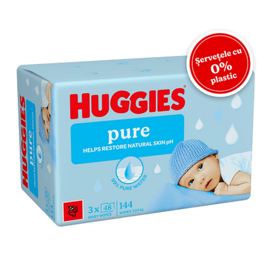 Servetele umede fara plastic Pure, 3 x 48 bucati, Huggies