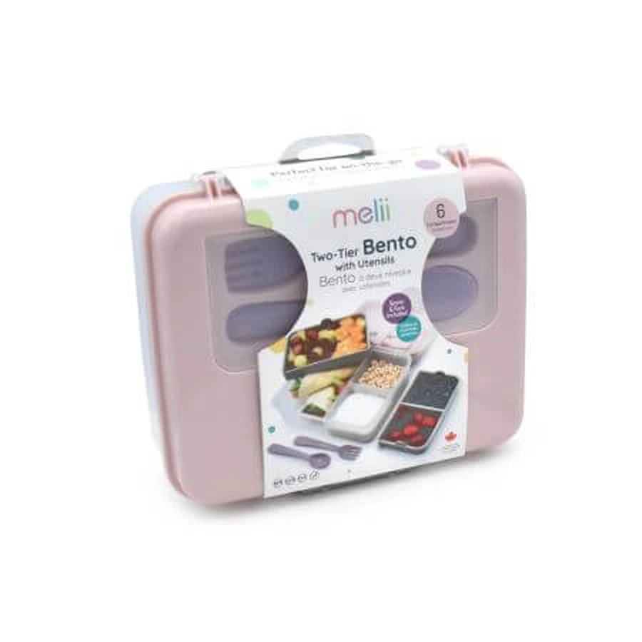 Zweistöckige Brotdose mit Bento-Besteck, Rosa, Lila, Grau, Melii