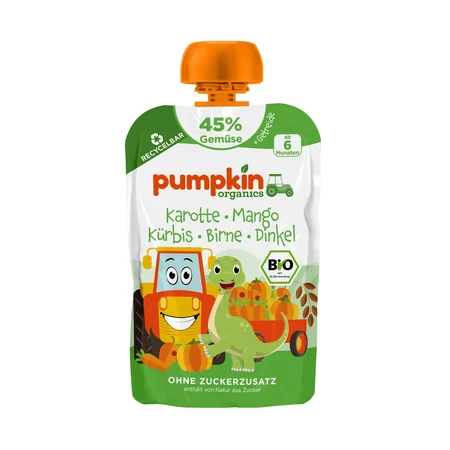 Bio-Püree aus Möhren, Mango, Kürbis, Birne und Dinkel, ab 6 Monaten, 100 g, Pumpkin Organics