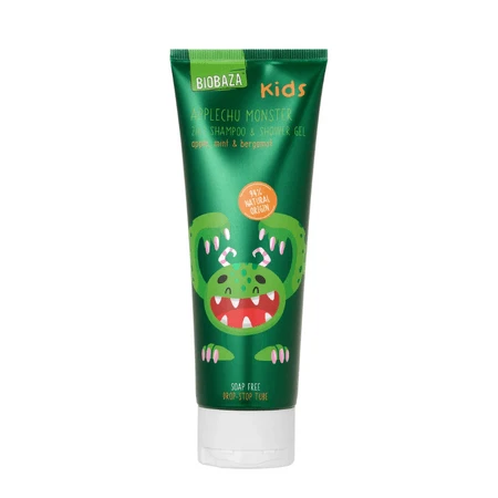 2-in-1-Shampoo und Duschgel für Kinder mit Pfefferminzöl, Bergamotte und Apfelduft, Applechu Monster, 250 ml, Biobaza Kids