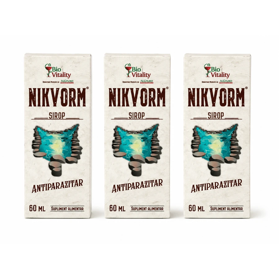 Sirop pentru eliminarea paraziților intestinali Nikvorm Bio Vitality, 3x60 ml, Hisimo