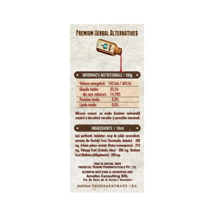 Sirop pentru eliminarea paraziților intestinali Nikvorm Bio Vitality, 3x60 ml, Hisimo