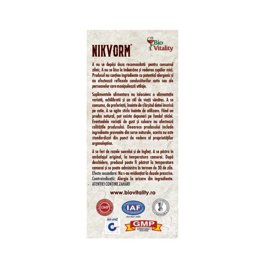 Sirop pentru eliminarea paraziților intestinali Nikvorm Bio Vitality, 3x60 ml, Hisimo