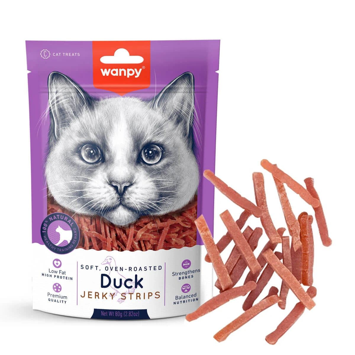 WANPY Weiche Trockenfleischstreifen, Ente, Katzenleckerei im Beutel, 80 g