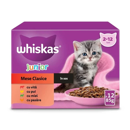 WHISKAS Junior Classic Selections, agneau, bœuf, poulet et volaille, aliments humides pour chats en sachets (en sauce), lot de 12 sachets de 85 g