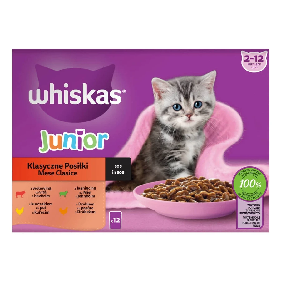 WHISKAS Junior Classic Selections, agneau, bœuf, poulet et volaille, aliments humides pour chats en sachets (en sauce), lot de 12 sachets de 85 g