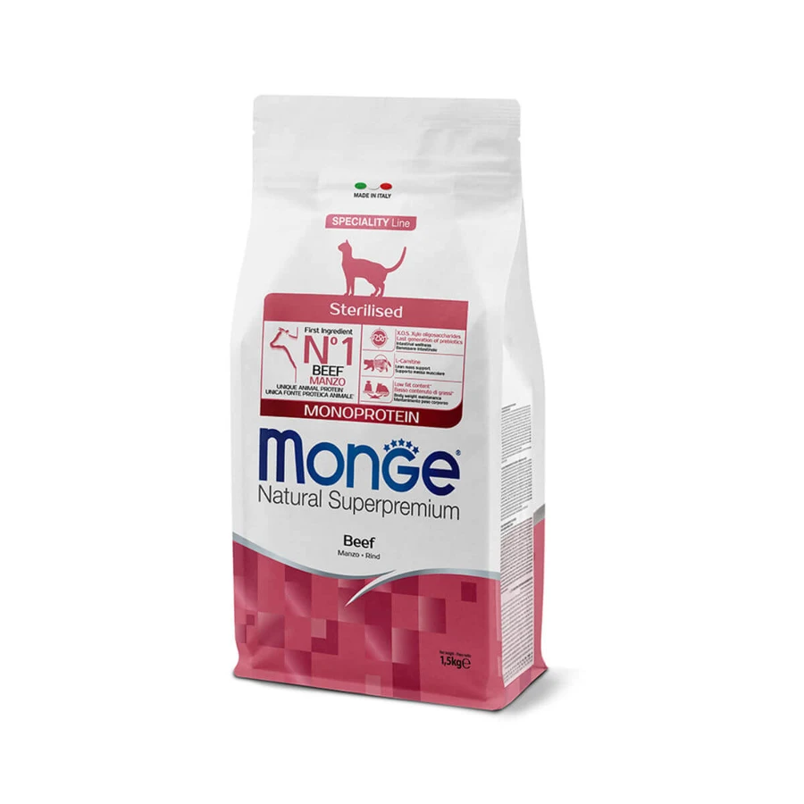 MONGE Natural Superpremium Monoprotein Sterilized, Rind, Trockenfutter für kastrierte Katzen, 1,5 kg