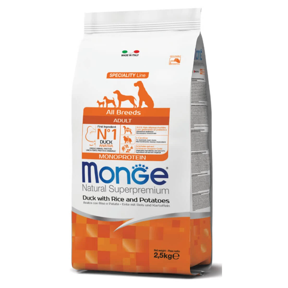 MONGE Natural Superpremium Monoprotein, XS–XL, Ente und Reis, Trockenfutter für Hunde, 2,5 kg