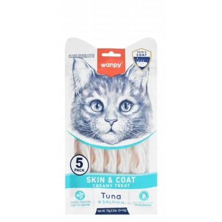 WANPY Skin & Coat Creamy Treats, Ton și Somon, punguță recompense funcționale pisici, piele & blană, (piure), 70g