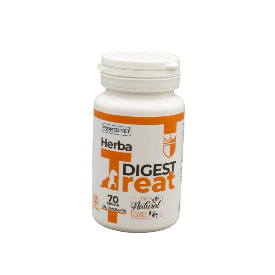 PROMEDIVET Herba-Treat Digest, XS-XL, digestive system supplement for dogs and cats, bottle, 70 tablets