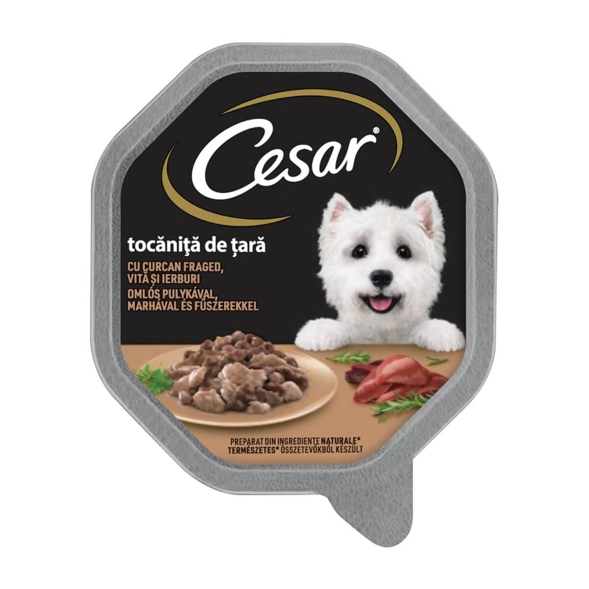 CESAR Country-Style Eintopf, Pute, Rindfleisch und Kräuter, Nassfutter für Hunde in der Schale (im eigenen Saft), 150 g