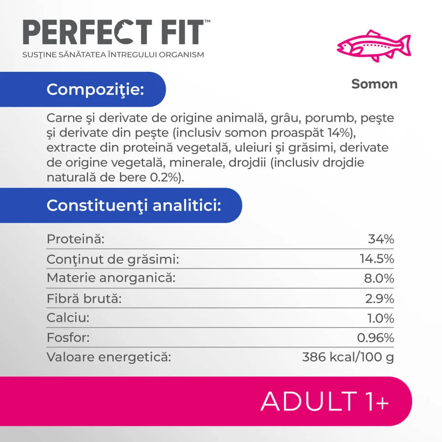 PERFECT FIT Cat Adult 1+, Somon, hrană uscată pisici, 750g