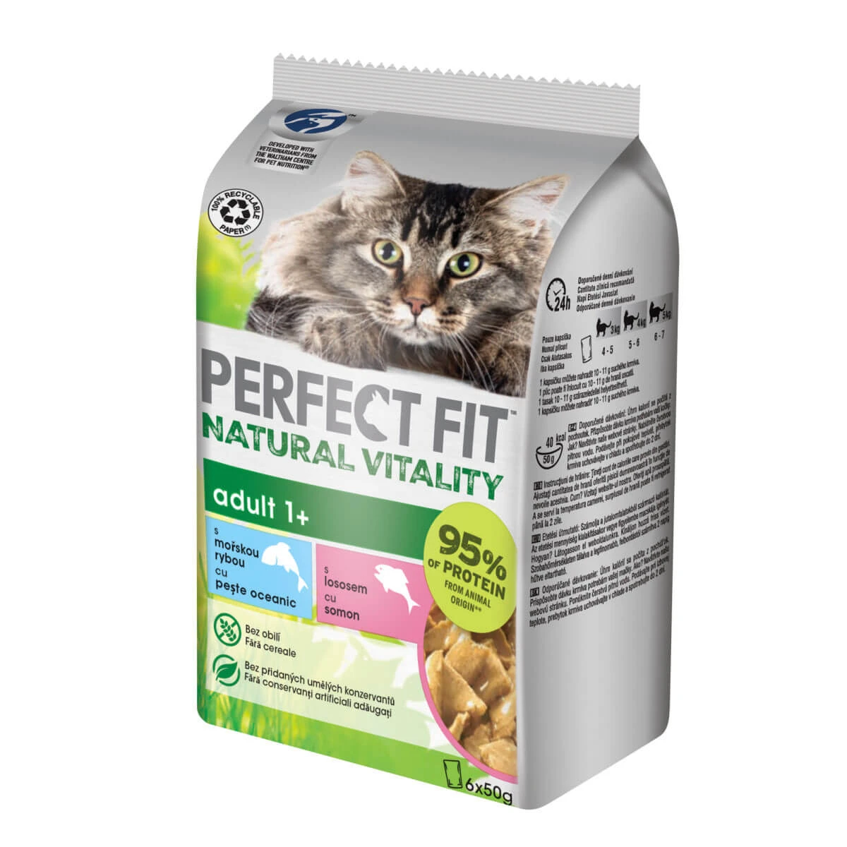 PERFECT FIT Natural Vitality, Lachs und Fisch, getreidefreies Katzenfutter in Beuteln (in Soße), Multipack, 50 g x 6
