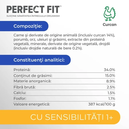 PERFECT FIT Cat Sensitive 1+, Curcan, hrană uscată pisici, sistem digestiv, 750g