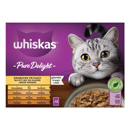 WHISKAS Pure Delight, Pasăre, plic hrană umedă pisici, (în aspic), multipack, 85g x 12