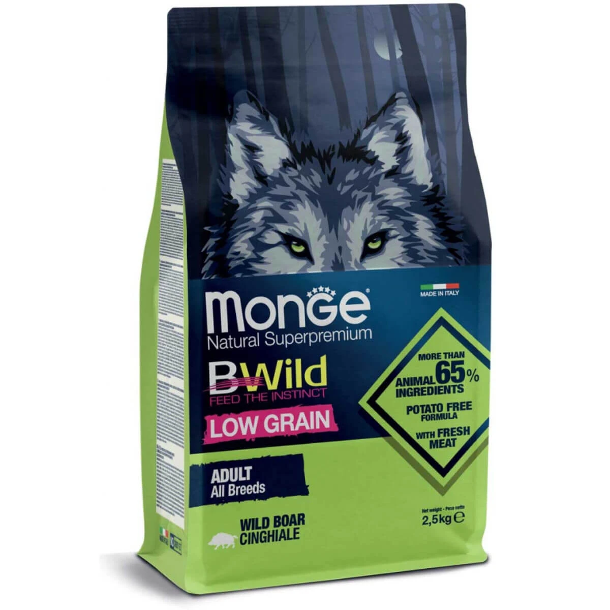 MONGE BWild, XS–XL, Wildschwein, Trockenfutter mit geringem Getreideanteil, 2,5 kg