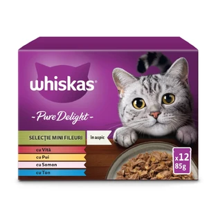 WHISKAS Pure Delight Mixed Selection, Beef, Chicken, Salmon, and Tuna, wet cat food pouches (in aspic), multipack, 85g x 12