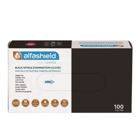 Alfashield | Schwarze, puderfreie Nitril-Untersuchungshandschuhe, Größe L | 100 Stück
