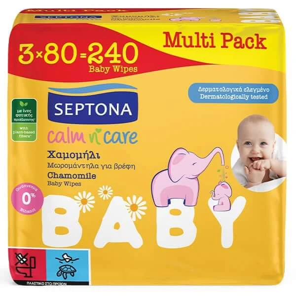 Septona | „Calm n' Care“ Babyfeuchttücher mit Kamille | 3 x 80 Tücher